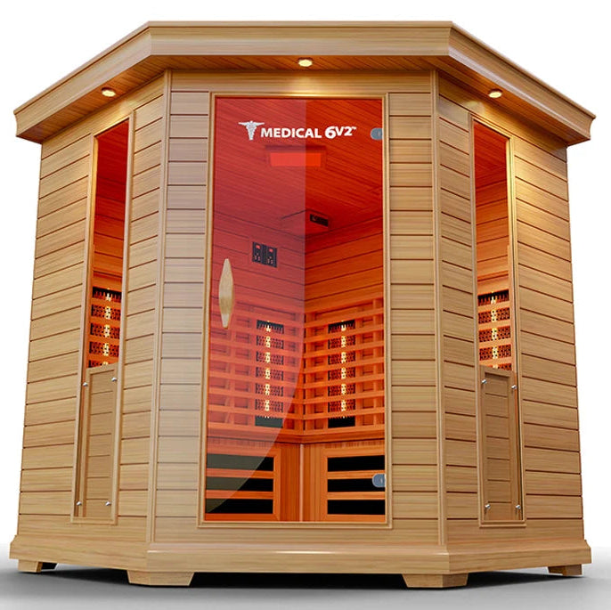 Wooden infrared sauna with 'Medical 62' branding on a white background
