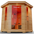 Wooden infrared sauna with 'Medical 62' branding on a white background