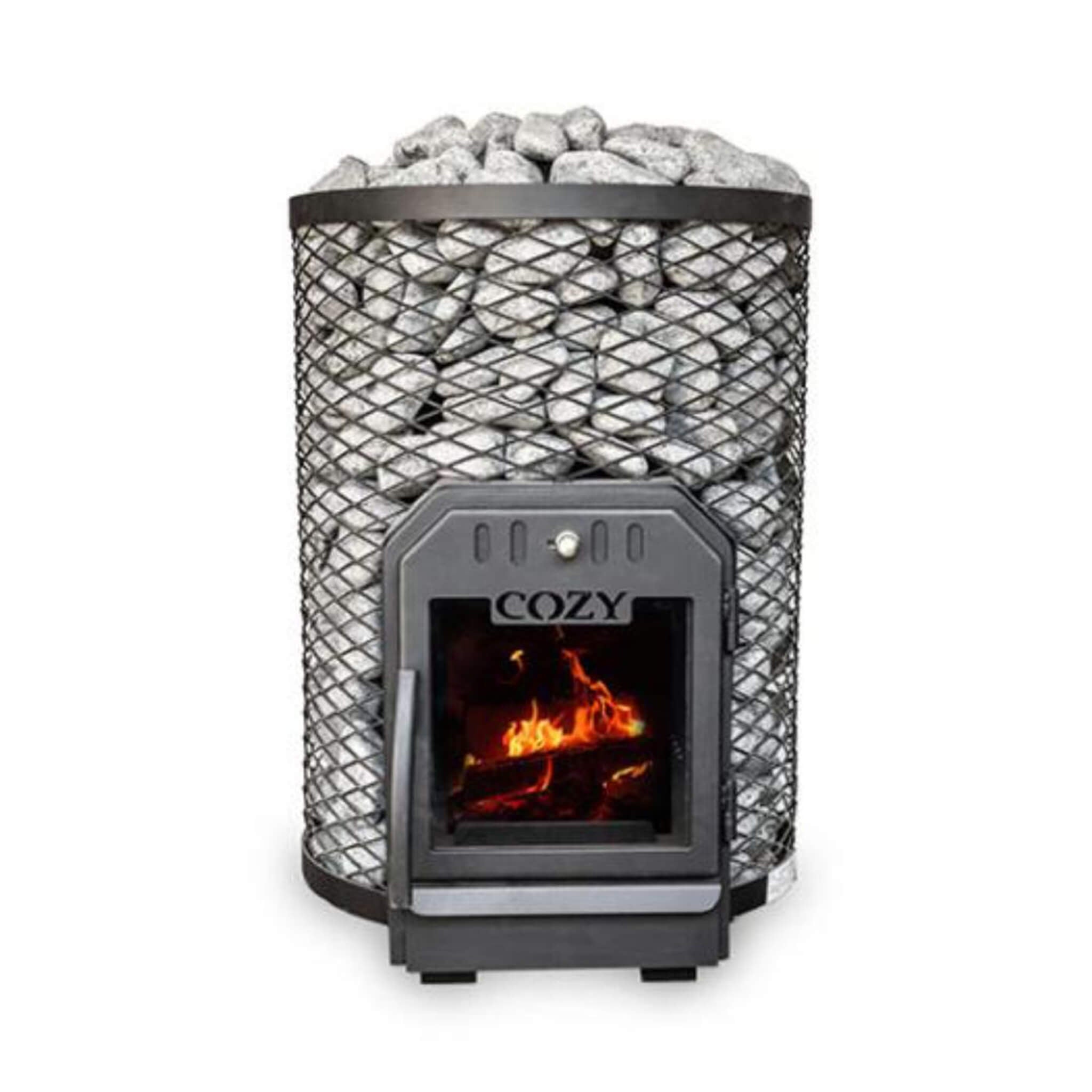 COZY HEAT COZY O-TW Thru-Wall Wood Burning Sauna Stove With Sauna Stones - Wood-Burning Sauna Heater