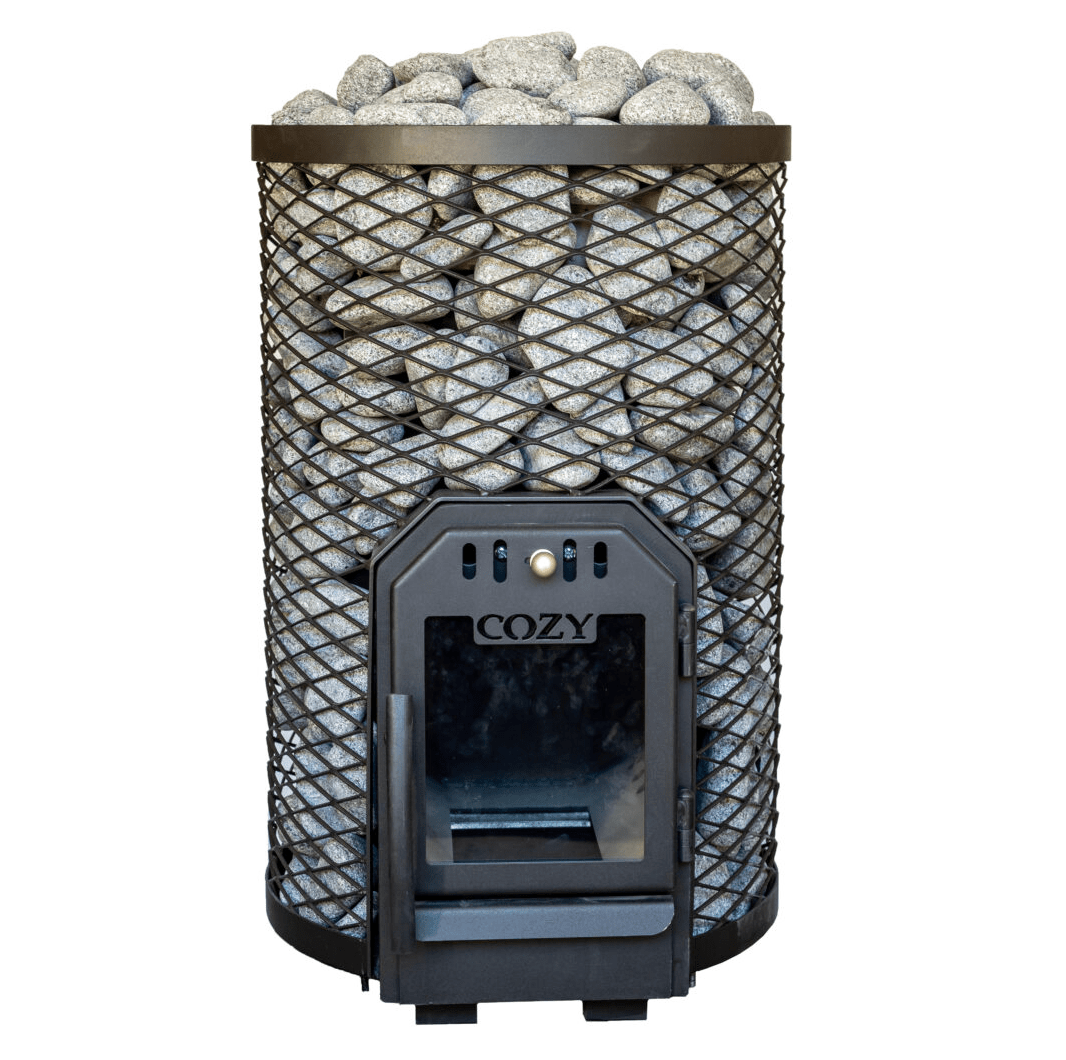 COZY HEAT COZY O-TW Thru-Wall Wood Burning Sauna Stove With Sauna Stones - Wood-Burning Sauna Heater