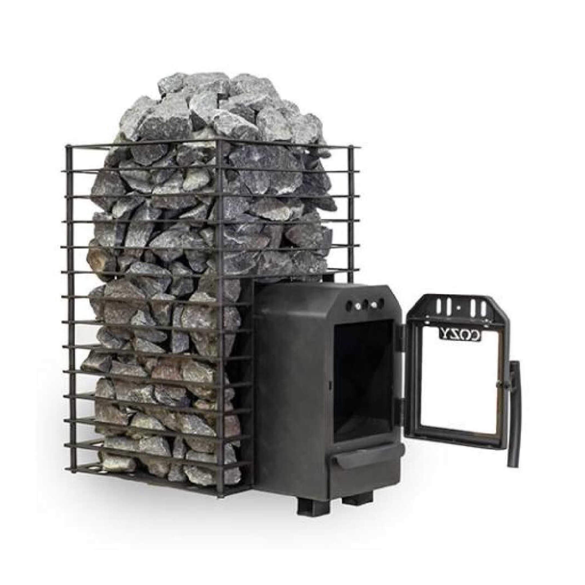 COZY HEAT COZY Quattro TW Thru-Wall Square Style Sauna Stove With Sauna Stones - Wood-Burning Sauna Heater