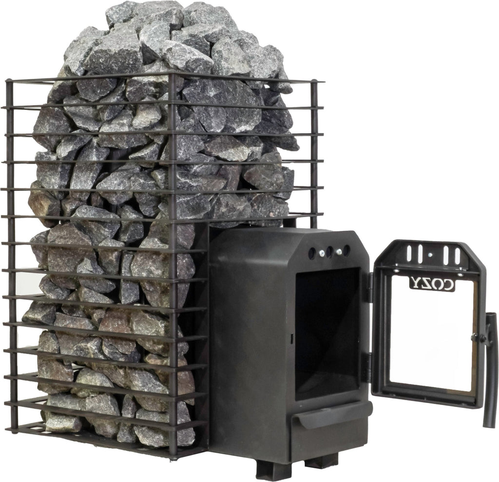 COZY HEAT COZY Quattro TW Thru-Wall Square Style Sauna Stove With Sauna Stones - Wood-Burning Sauna Heater