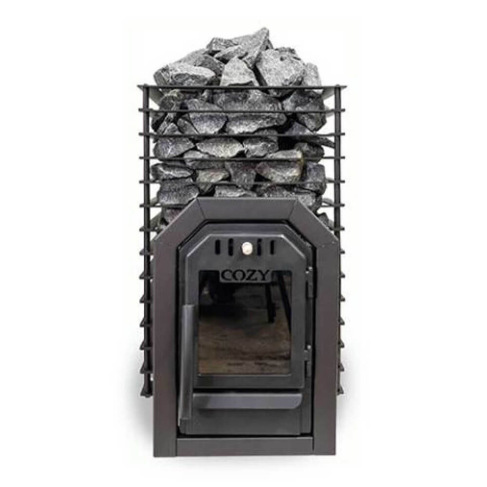COZY HEAT COZY Quattro TW Thru-Wall Square Style Sauna Stove With Sauna Stones - Wood-Burning Sauna Heater