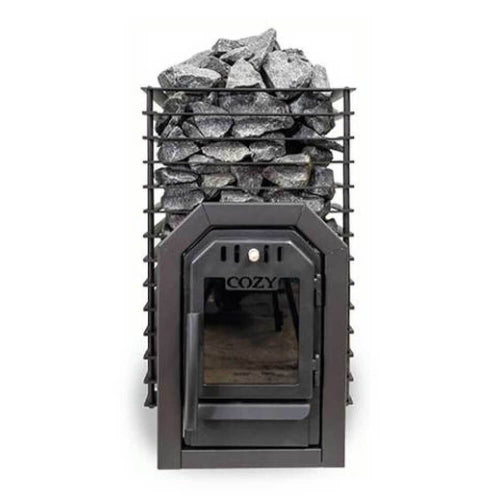 COZY HEAT COZY Quattro TW Thru-Wall Square Style Sauna Stove With Sauna Stones - Wood-Burning Sauna Heater