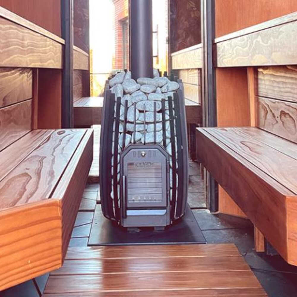 COZY HEAT COZY SW-TW Thru-Wall Wood Burning Sauna Stove With Sauna Stones - Wood-Burning Sauna Heater
