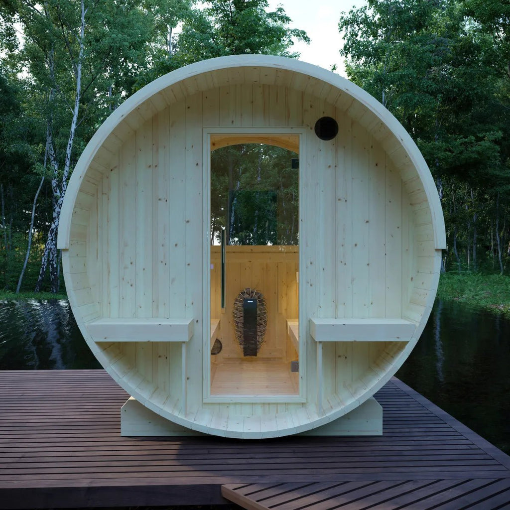 Finnish Sauna Builders Helsinki Finnish Barrel Sauna with Terrace and WiFi Heater By Finnish Sauna Builders - Traditional Sauna