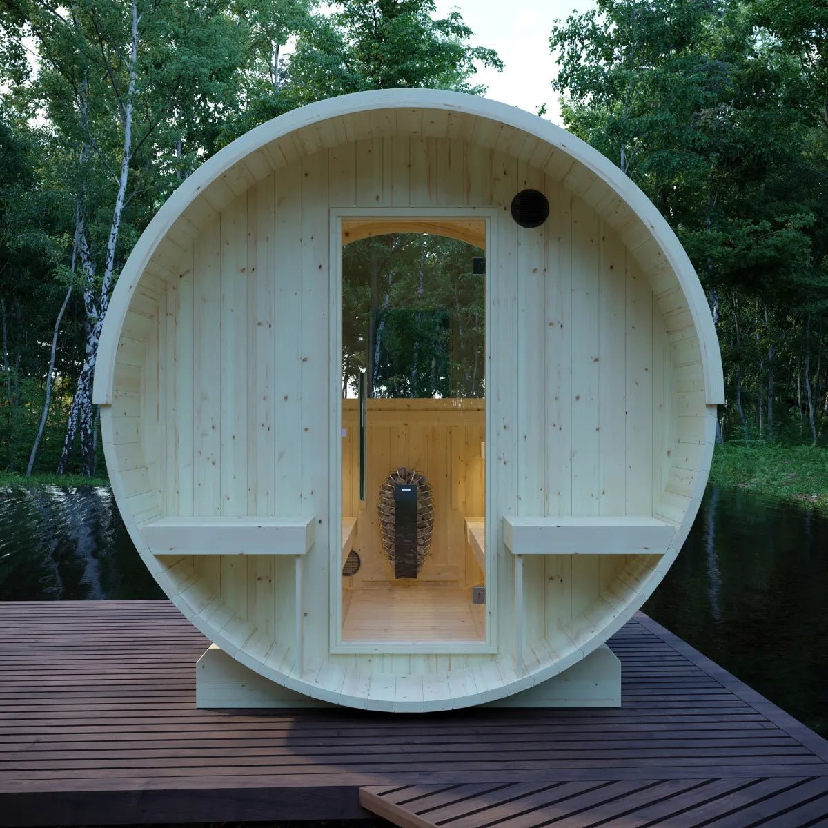 Finnish Sauna Builders Helsinki Finnish Barrel Sauna with Terrace and WiFi Heater By Finnish Sauna Builders - Traditional Sauna