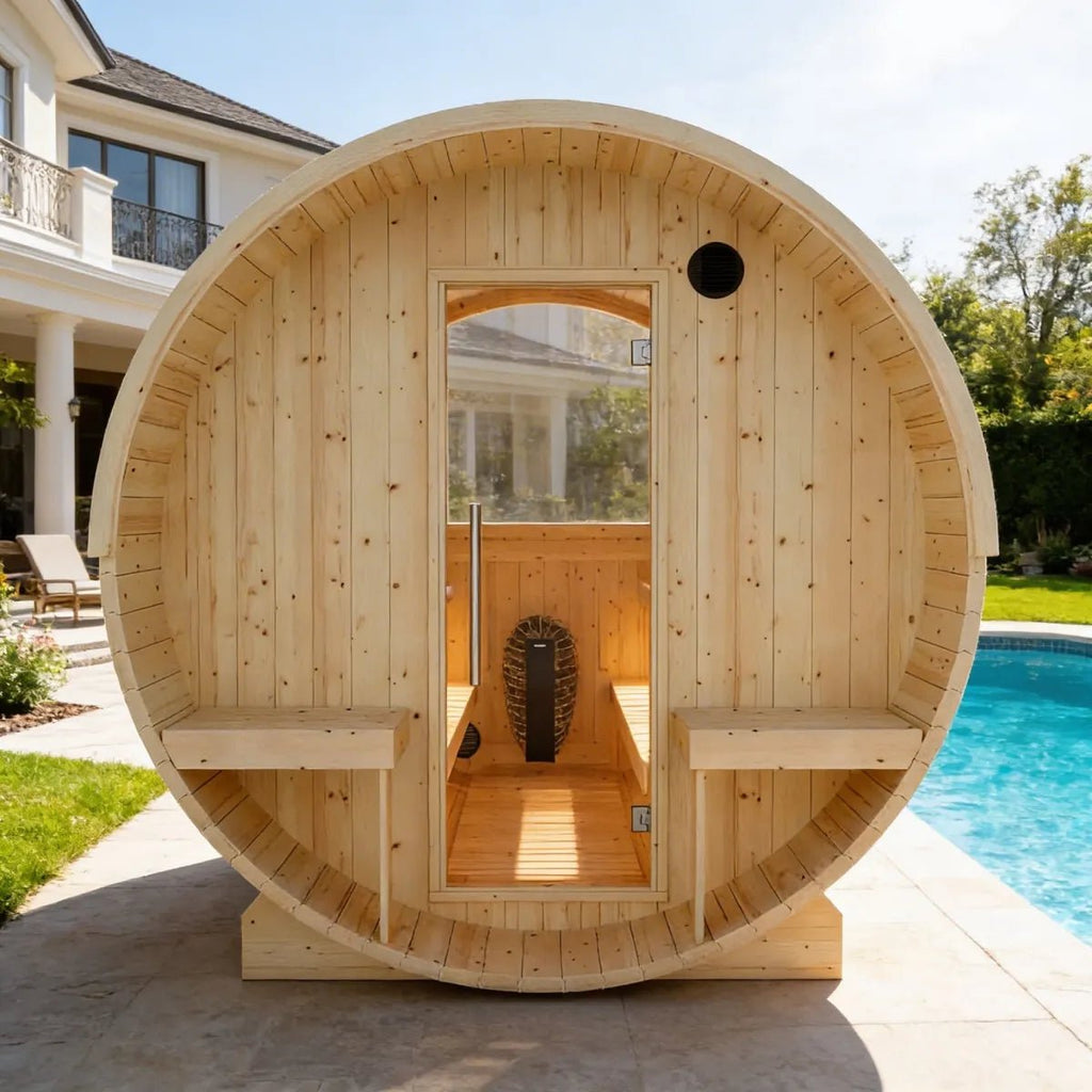 Finnish Sauna Builders Helsinki Finnish Barrel Sauna with Terrace and WiFi Heater By Finnish Sauna Builders - Traditional Sauna