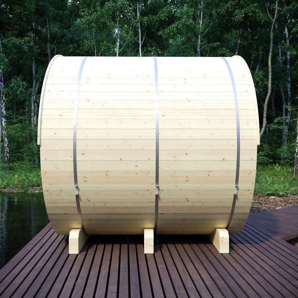 Finnish Sauna Builders Helsinki Finnish Barrel Sauna with Terrace and WiFi Heater By Finnish Sauna Builders - Traditional Sauna