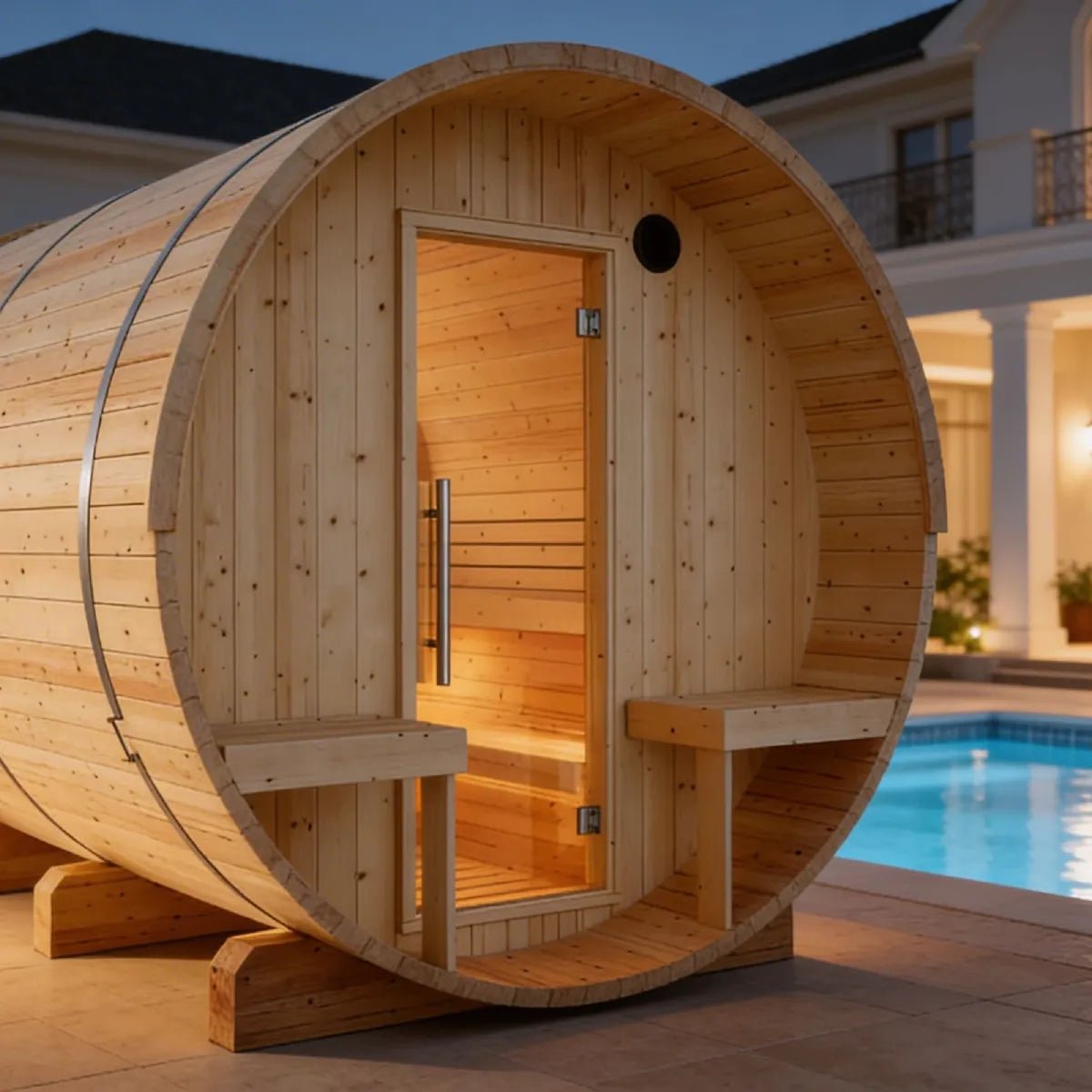Finnish Sauna Builders Helsinki Finnish Barrel Sauna with Terrace and WiFi Heater By Finnish Sauna Builders - Traditional Sauna