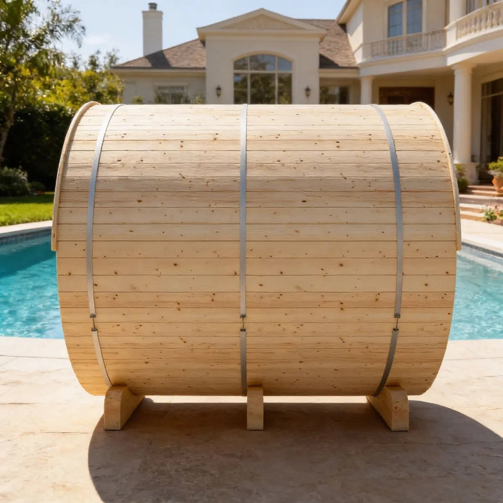 Finnish Sauna Builders Helsinki Finnish Barrel Sauna with Terrace and WiFi Heater By Finnish Sauna Builders - Traditional Sauna