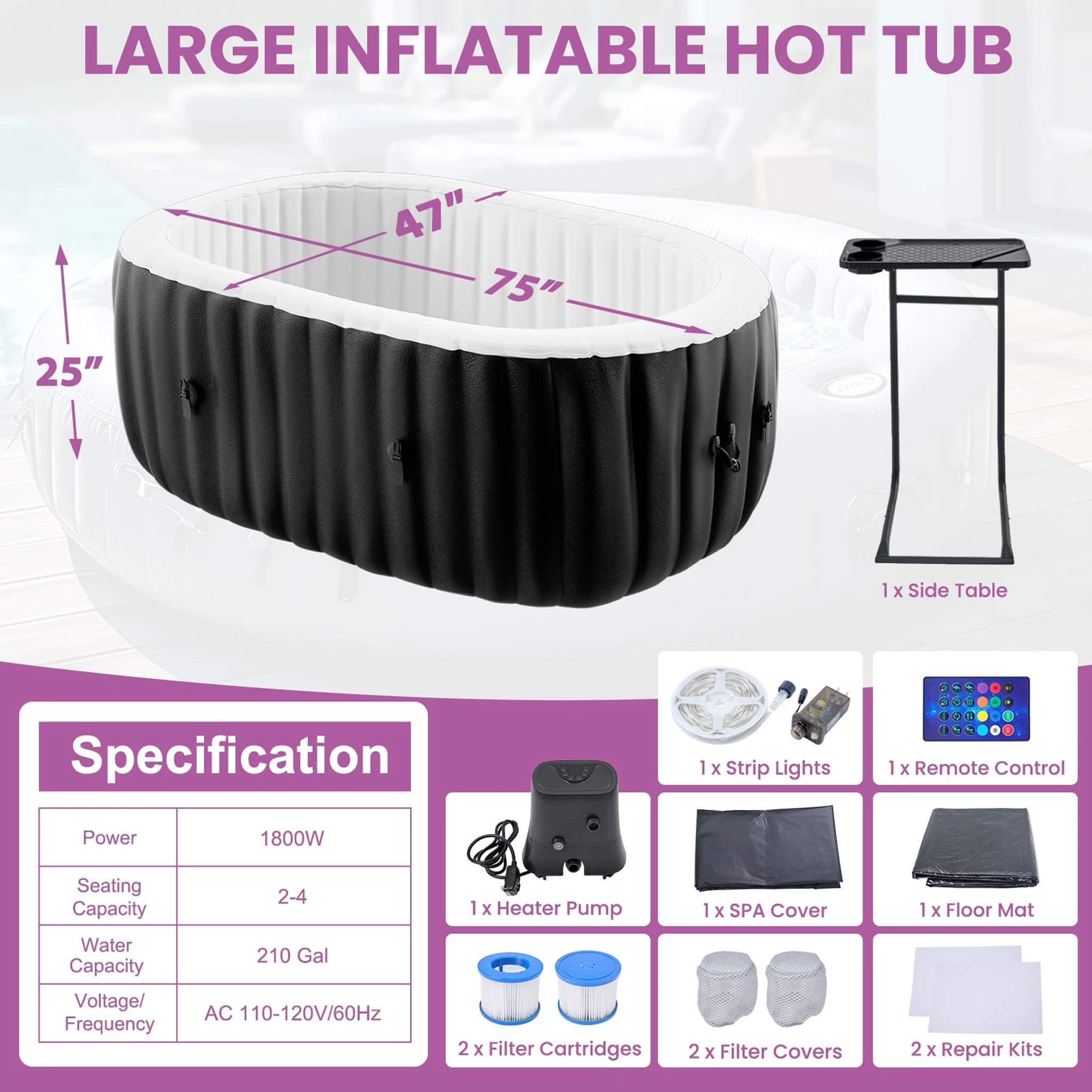 Premium Premium 2-Person Inflatable Hot Tub with 8-Color LED Lights - Hot Tubs