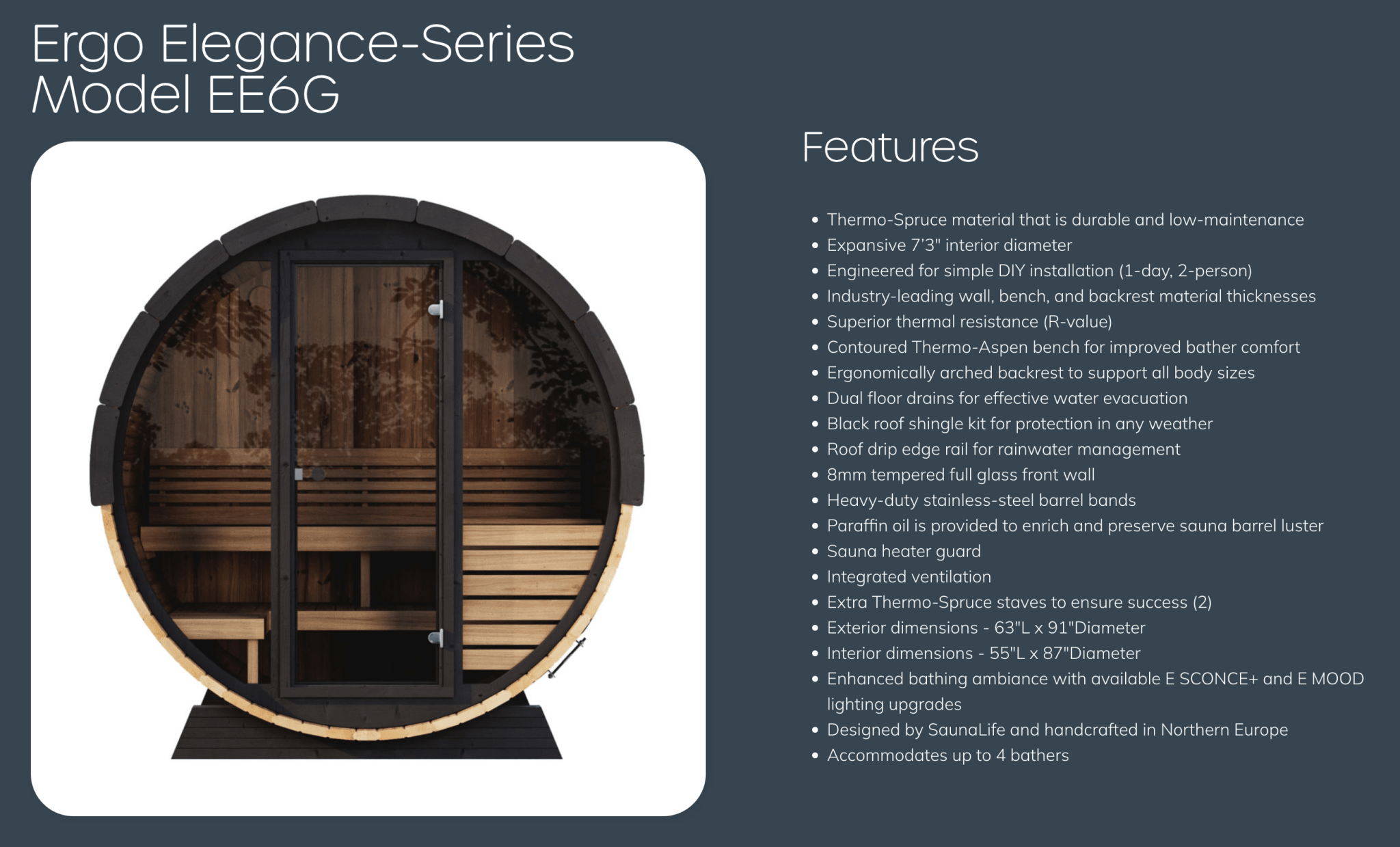 SaunaLife SaunaLife Ergo Elegance-Series Model EE6G 4 Person Sauna Barrel with Glass Front - Traditional Sauna