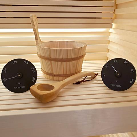 SaunaLife SaunaLife Wooden 1-Gallon Sauna Bucket, Wood Ladle, Thermometer, Hygrometer, Black - Sauna Accessories