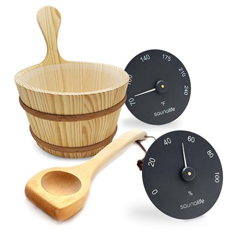 SaunaLife SaunaLife Wooden 1-Gallon Sauna Bucket, Wood Ladle, Thermometer, Hygrometer, Black - Sauna Accessories