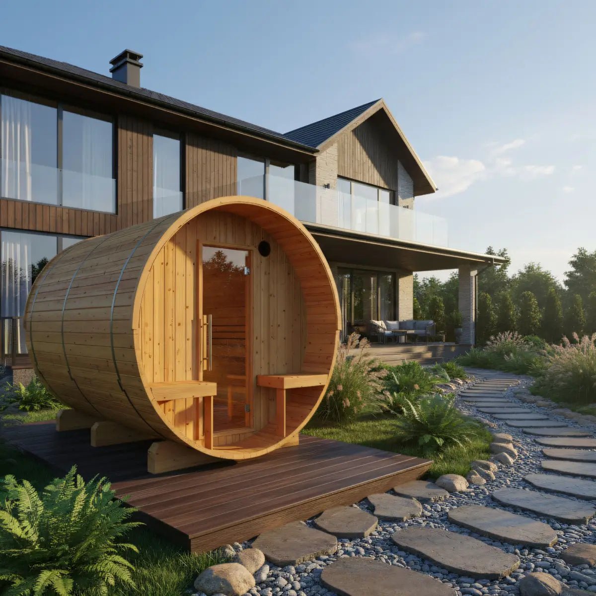 Finnish Sauna Builders Turku Finnish Barrel Sauna with Terrace and WiFi Heater By Finnish Sauna Builders - Traditional Sauna