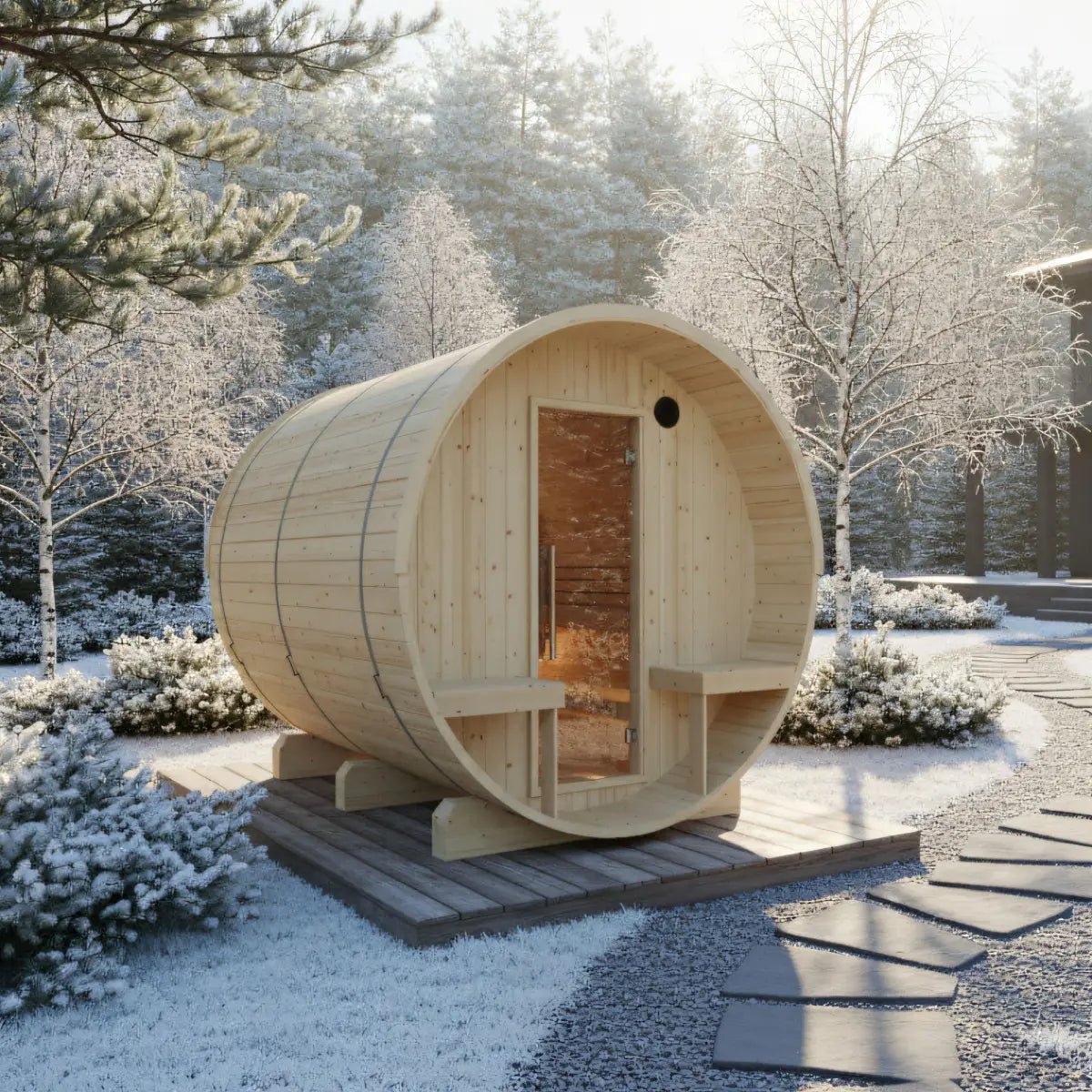 Finnish Sauna Builders Turku Finnish Barrel Sauna with Terrace and WiFi Heater By Finnish Sauna Builders - Traditional Sauna