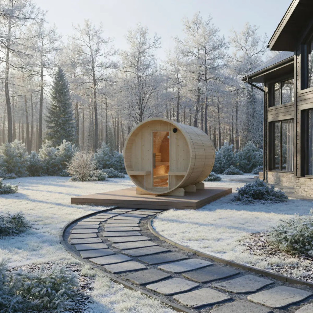 Finnish Sauna Builders Turku Finnish Barrel Sauna with Terrace and WiFi Heater By Finnish Sauna Builders - Traditional Sauna