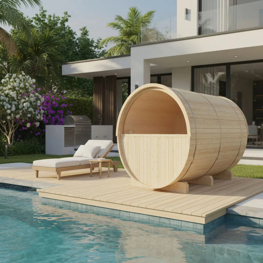Finnish Sauna Builders Turku Finnish Barrel Sauna with Terrace and WiFi Heater By Finnish Sauna Builders - Traditional Sauna